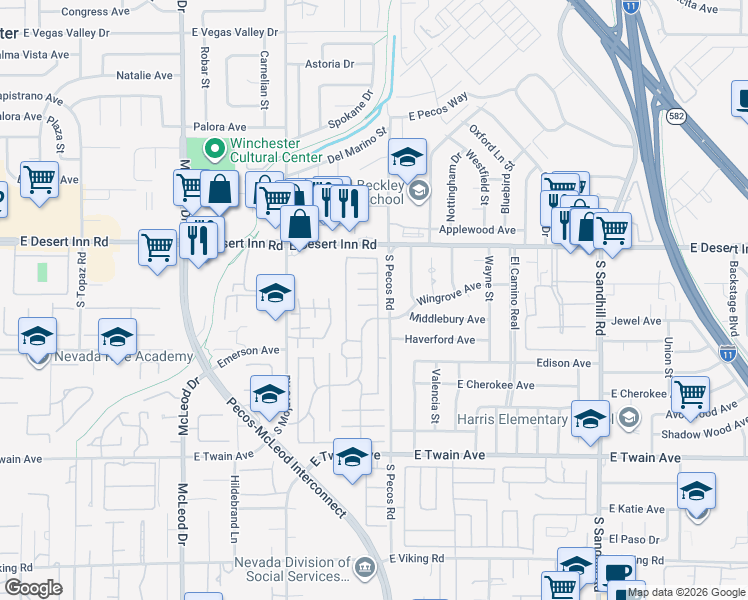 map of restaurants, bars, coffee shops, grocery stores, and more near 3370 Dunham Court in Las Vegas