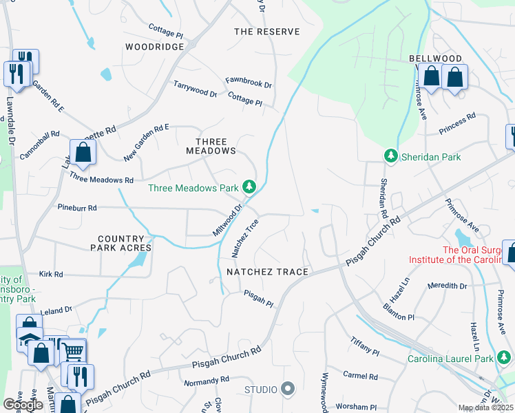map of restaurants, bars, coffee shops, grocery stores, and more near 1714 Natchez Trce in Greensboro