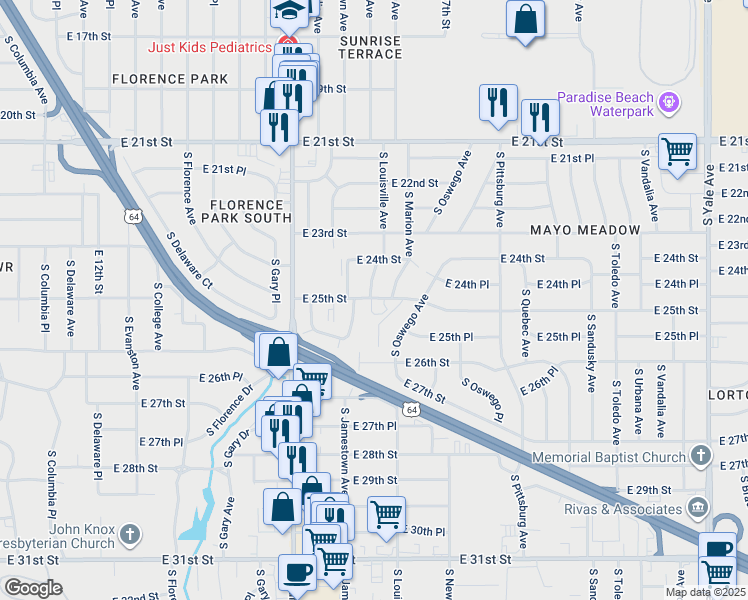 map of restaurants, bars, coffee shops, grocery stores, and more near 3376 East 25th Street in Tulsa