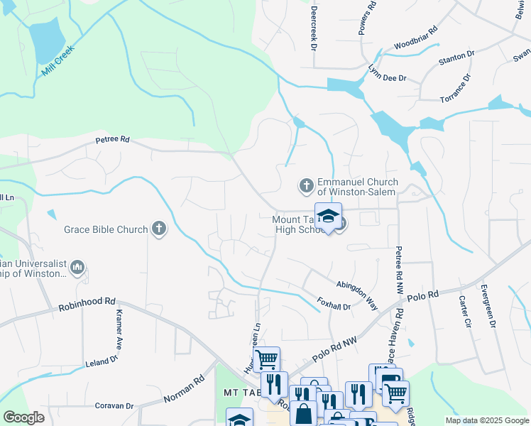 map of restaurants, bars, coffee shops, grocery stores, and more near 4080 Huntingreen Lane Northwest in Winston-Salem