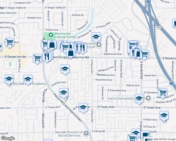 map of restaurants, bars, coffee shops, grocery stores, and more near 3370 Dunham Court in Las Vegas