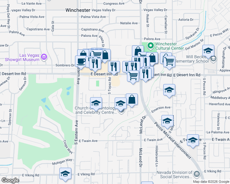 map of restaurants, bars, coffee shops, grocery stores, and more near 2722 San Martin Court in Las Vegas