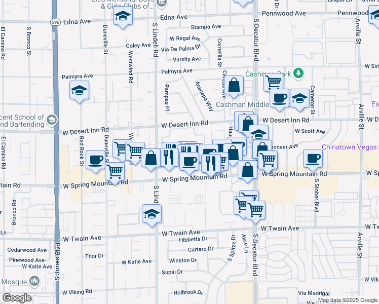 map of restaurants, bars, coffee shops, grocery stores, and more near 5281 West Pioneer Avenue in Las Vegas