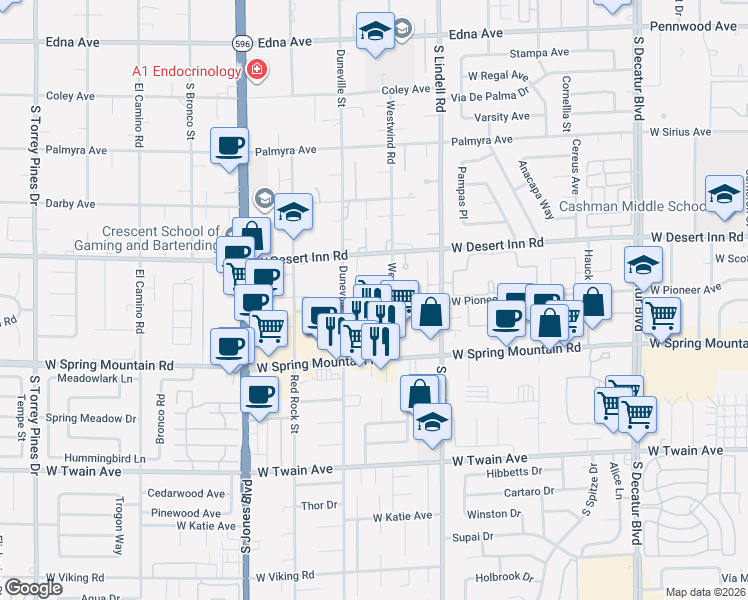 map of restaurants, bars, coffee shops, grocery stores, and more near 5715 West Pioneer Avenue in Las Vegas