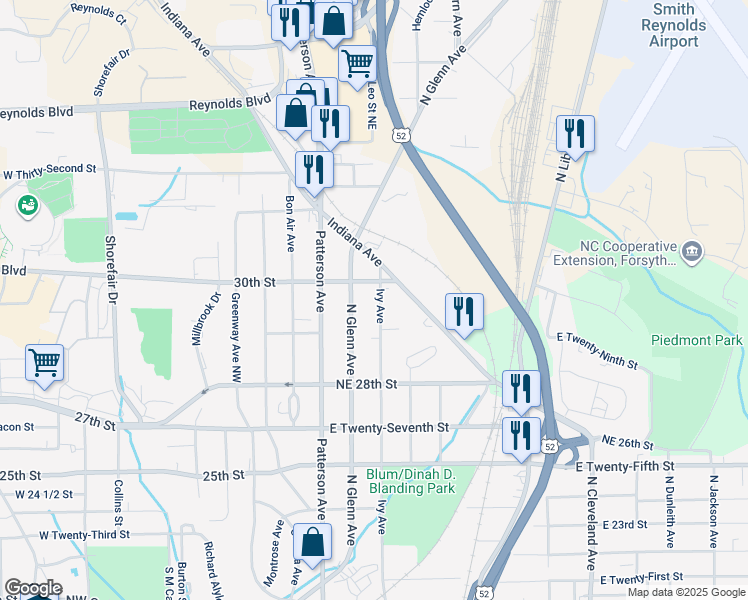 map of restaurants, bars, coffee shops, grocery stores, and more near 2918 Ivy Avenue in Winston-Salem