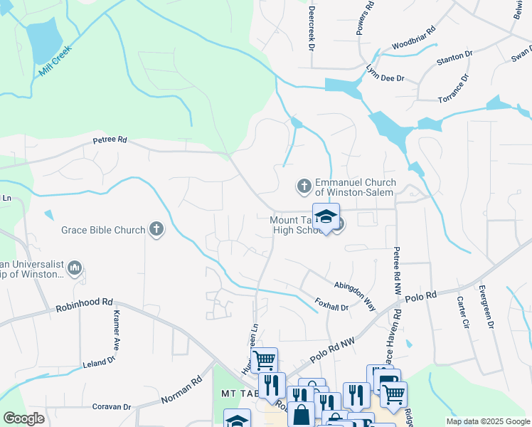 map of restaurants, bars, coffee shops, grocery stores, and more near 4060 Huntingreen Lane Northwest in Winston-Salem