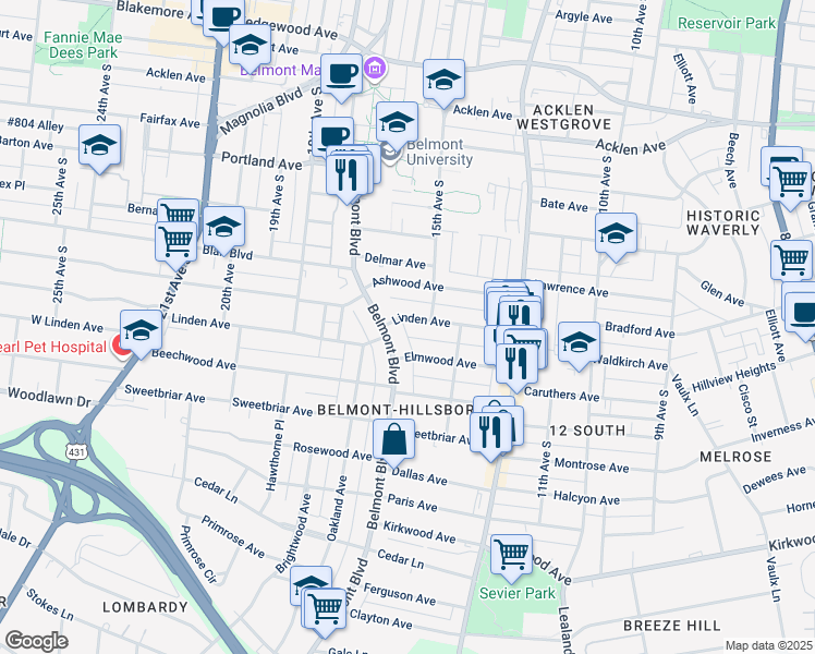 map of restaurants, bars, coffee shops, grocery stores, and more near 1603 Linden Avenue in Nashville