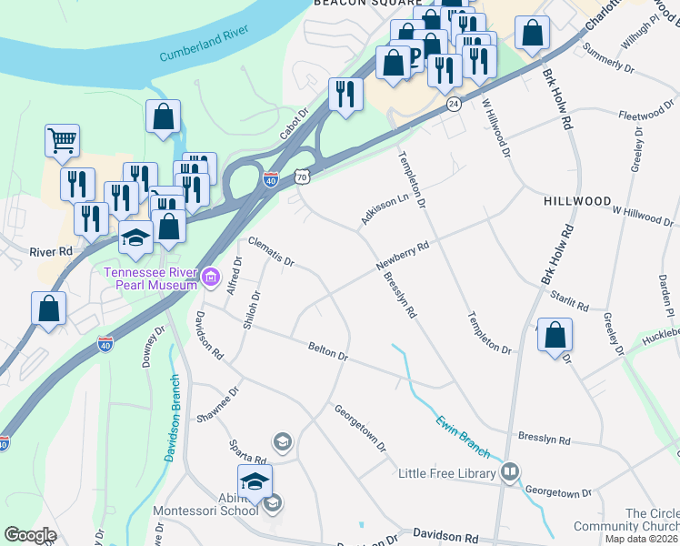 map of restaurants, bars, coffee shops, grocery stores, and more near 824 Clematis Drive in Nashville