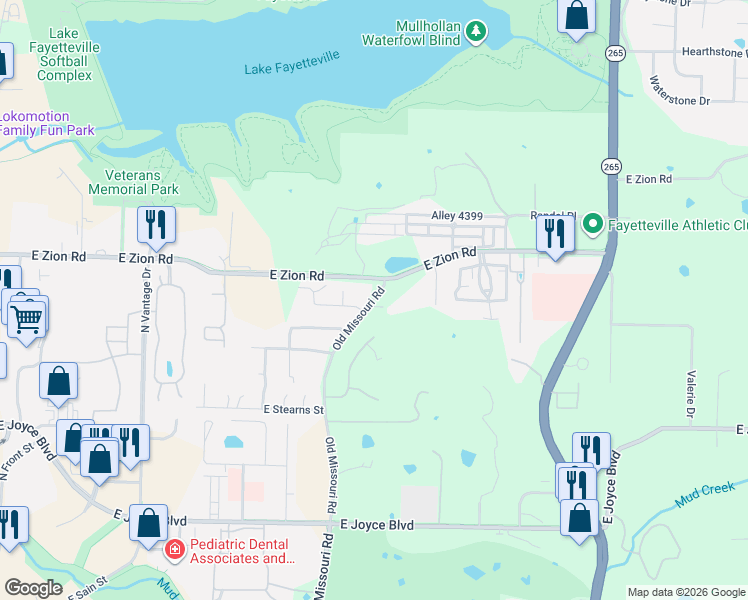map of restaurants, bars, coffee shops, grocery stores, and more near 4250 Old Missouri Road in Fayetteville