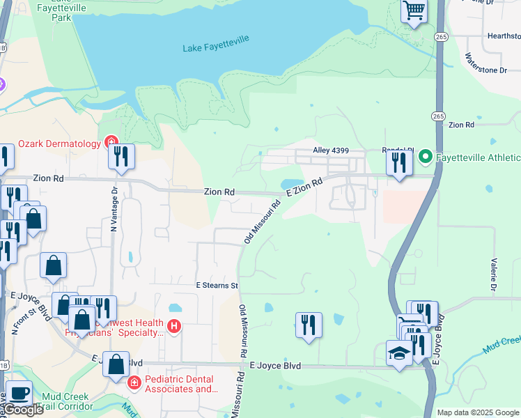 map of restaurants, bars, coffee shops, grocery stores, and more near 2203 East Cinnamon Way in Fayetteville