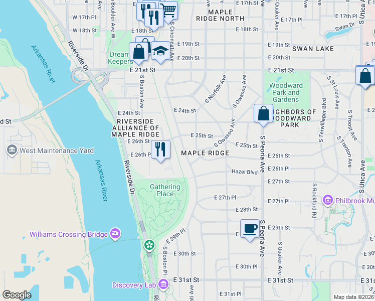 map of restaurants, bars, coffee shops, grocery stores, and more near 2539 South Cincinnati Avenue in Tulsa