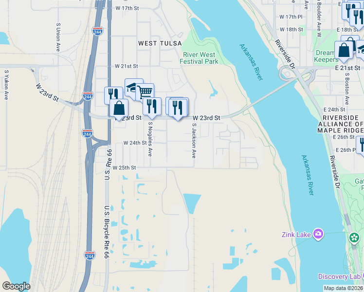 map of restaurants, bars, coffee shops, grocery stores, and more near 2409 South Maybelle Avenue in Tulsa