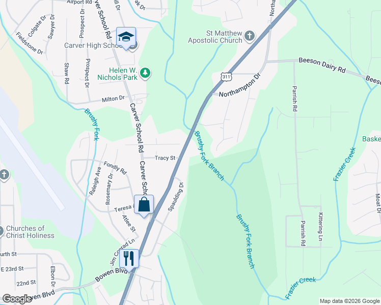 map of restaurants, bars, coffee shops, grocery stores, and more near 3365 New Walkertown Road in Winston-Salem