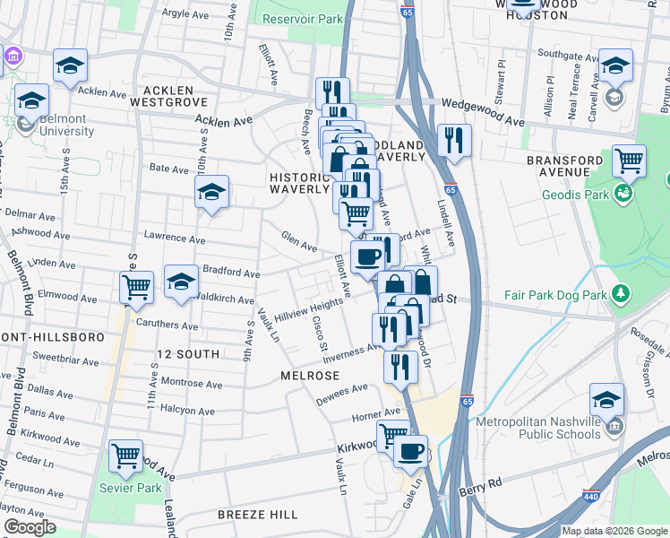map of restaurants, bars, coffee shops, grocery stores, and more near 2310 Elliott Avenue in Nashville