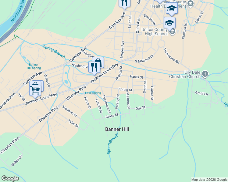 map of restaurants, bars, coffee shops, grocery stores, and more near 114 Division Street in Erwin
