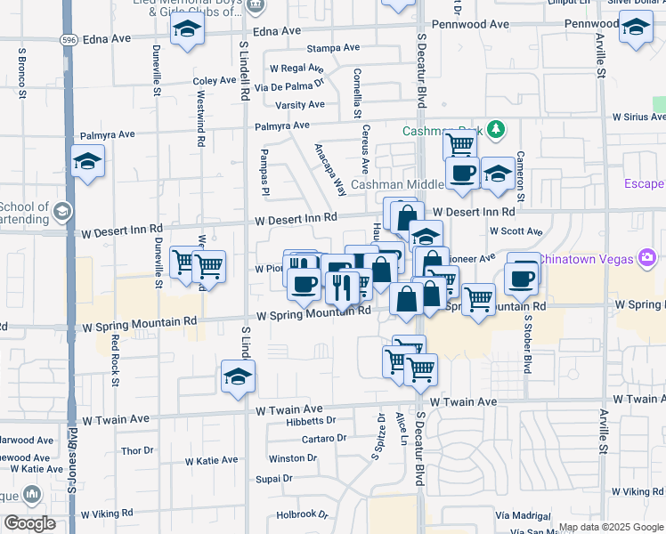map of restaurants, bars, coffee shops, grocery stores, and more near 5301 West Pioneer Avenue in Las Vegas