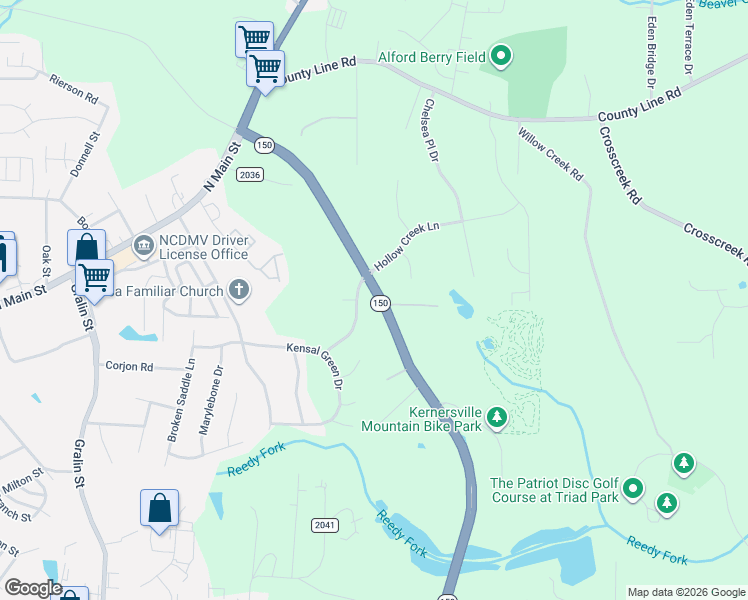 map of restaurants, bars, coffee shops, grocery stores, and more near 962 Huntington Run Lane in Kernersville