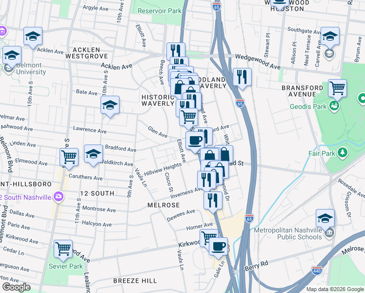 map of restaurants, bars, coffee shops, grocery stores, and more near 2310 Elliott Avenue in Nashville
