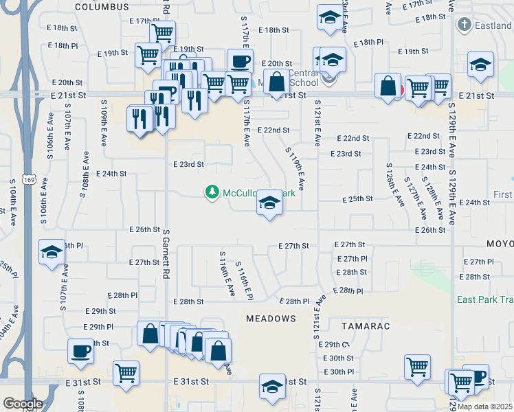 map of restaurants, bars, coffee shops, grocery stores, and more near 11629 E 25th St in Tulsa