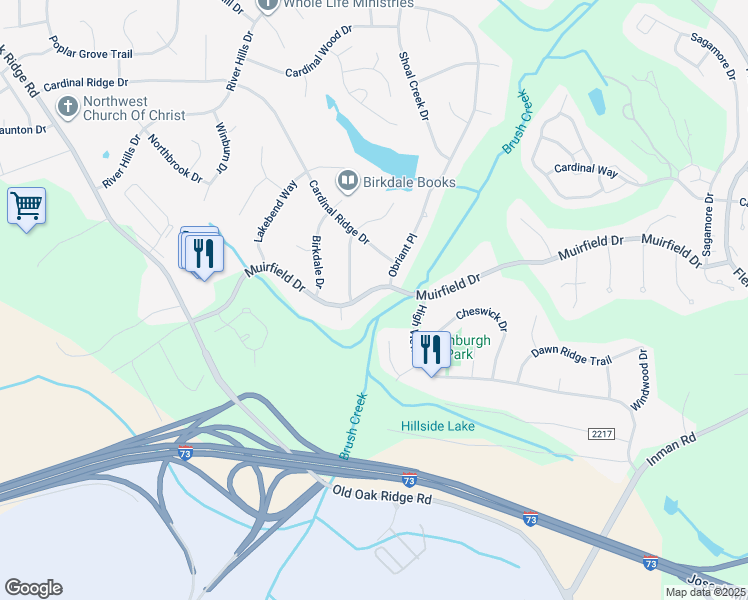 map of restaurants, bars, coffee shops, grocery stores, and more near 6205 Muirfield Drive in Greensboro