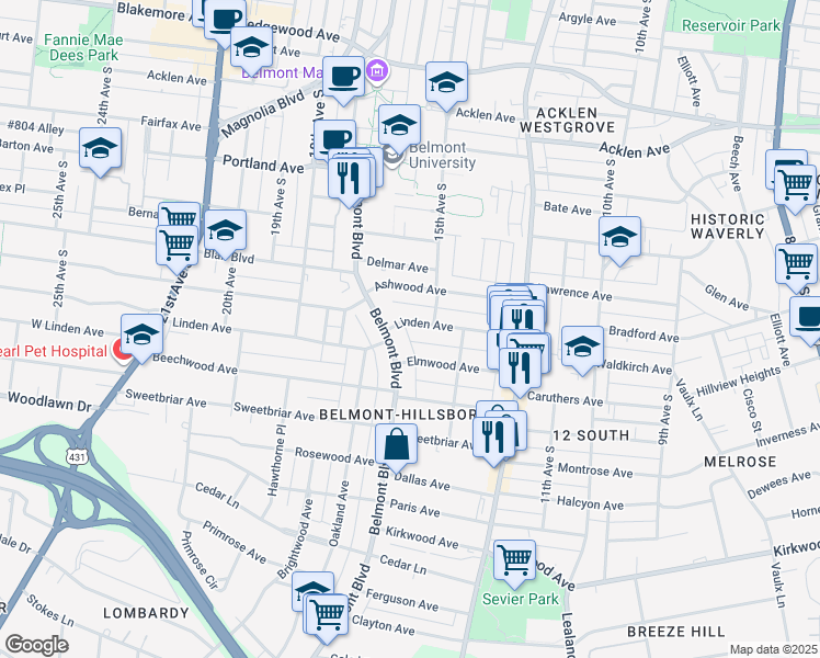 map of restaurants, bars, coffee shops, grocery stores, and more near 1603 Linden Avenue in Nashville