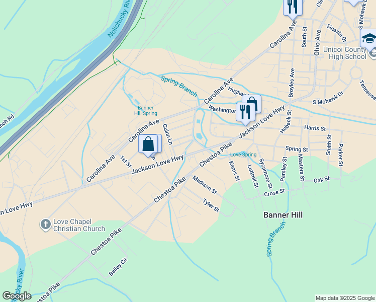map of restaurants, bars, coffee shops, grocery stores, and more near 1315 Jackson Love Highway in Erwin
