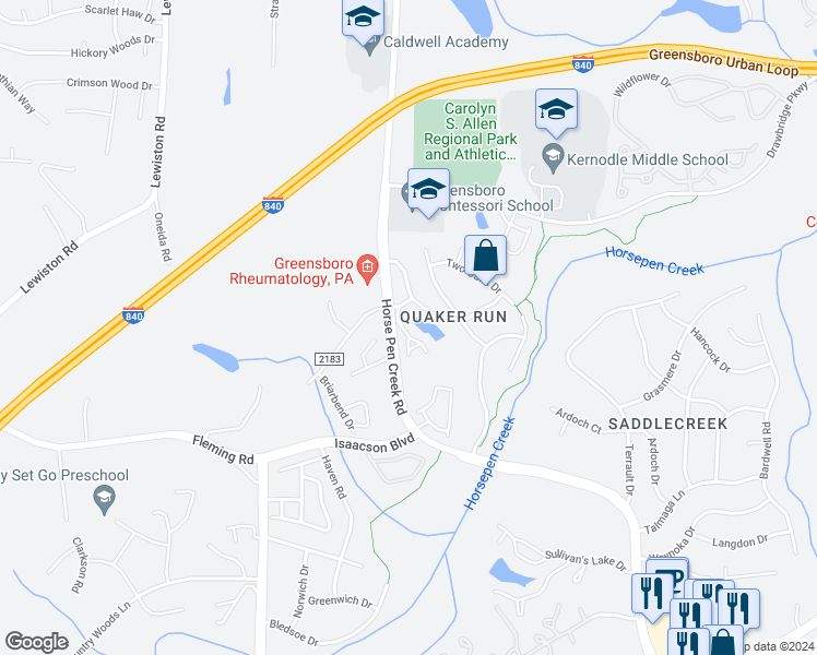 map of restaurants, bars, coffee shops, grocery stores, and more near 28 Tanner Woods Lane in Greensboro