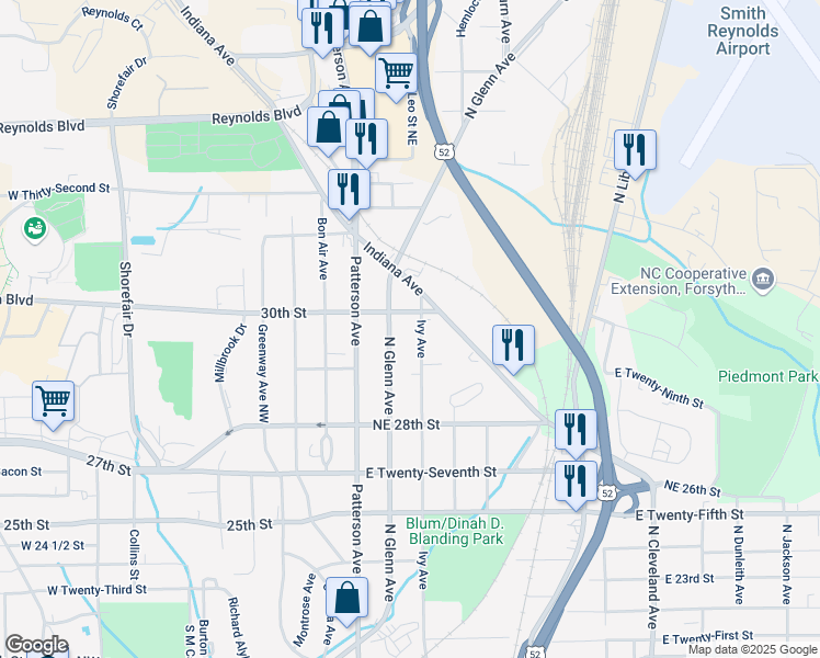 map of restaurants, bars, coffee shops, grocery stores, and more near 2918 Ivy Avenue in Winston-Salem