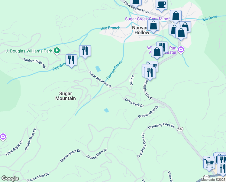 map of restaurants, bars, coffee shops, grocery stores, and more near 121 Park Lane in Sugar Mountain
