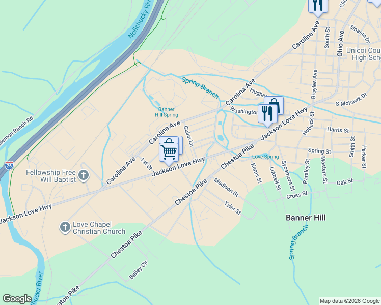 map of restaurants, bars, coffee shops, grocery stores, and more near 1575 Jackson Love Hwy in Erwin