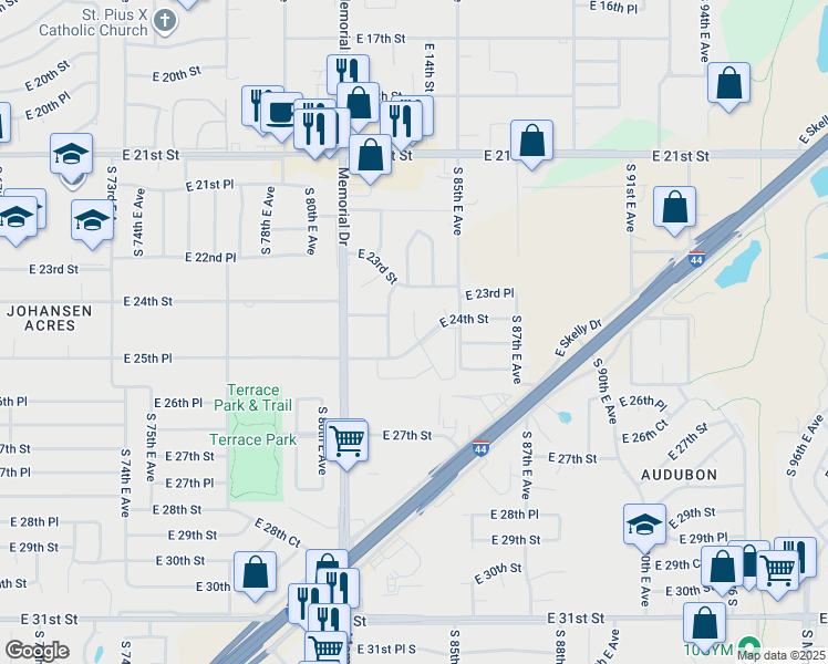 map of restaurants, bars, coffee shops, grocery stores, and more near 2425 South 83rd East Avenue in Tulsa