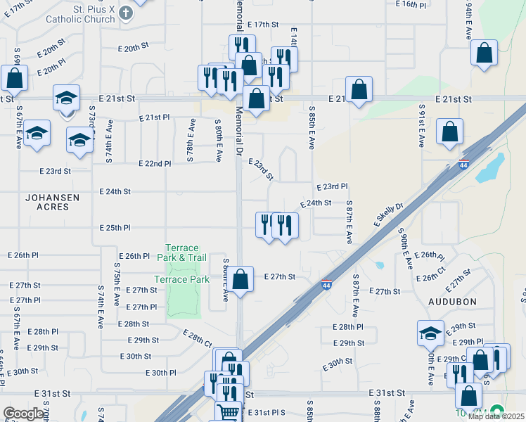 map of restaurants, bars, coffee shops, grocery stores, and more near 2425 South 83rd East Avenue in Tulsa