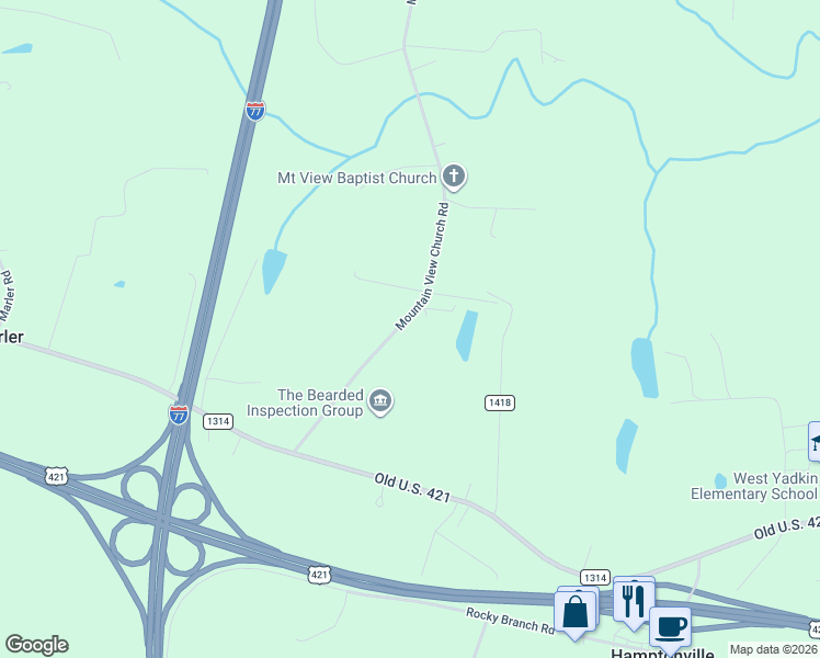 map of restaurants, bars, coffee shops, grocery stores, and more near 1144 Mountain View Church Road in Hamptonville