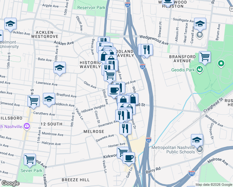 map of restaurants, bars, coffee shops, grocery stores, and more near 2300 8th Avenue South in Nashville