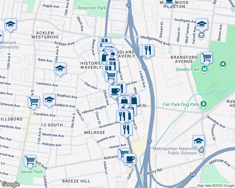map of restaurants, bars, coffee shops, grocery stores, and more near 2300 8th Avenue South in Nashville