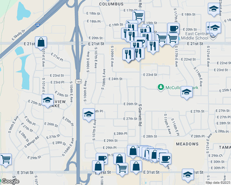 map of restaurants, bars, coffee shops, grocery stores, and more near 2503 South 109th East Avenue in Tulsa