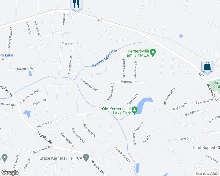 map of restaurants, bars, coffee shops, grocery stores, and more near 6071 Old Orchard Road in Kernersville