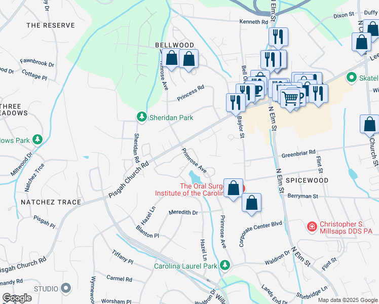 map of restaurants, bars, coffee shops, grocery stores, and more near 68 Park Village Lane in Greensboro