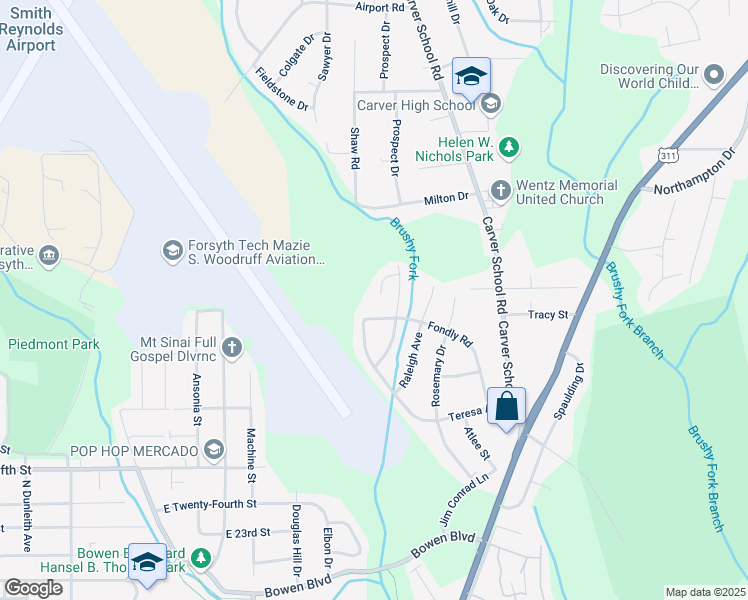 map of restaurants, bars, coffee shops, grocery stores, and more near 3017 Fondly Road in Winston-Salem