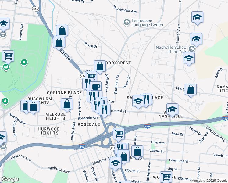 map of restaurants, bars, coffee shops, grocery stores, and more near 2126 Whitney Avenue in Nashville