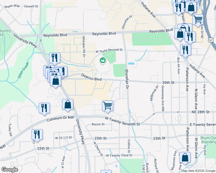 map of restaurants, bars, coffee shops, grocery stores, and more near 421 27th Street Northwest in Winston-Salem
