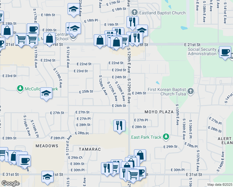 map of restaurants, bars, coffee shops, grocery stores, and more near 2463 South 127th East Avenue in Tulsa