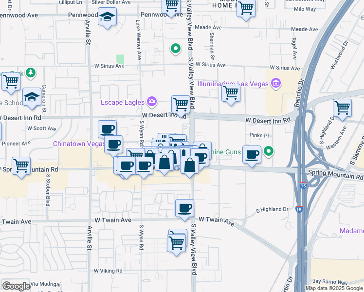 map of restaurants, bars, coffee shops, grocery stores, and more near 3810 Spring Mountain Road in Las Vegas