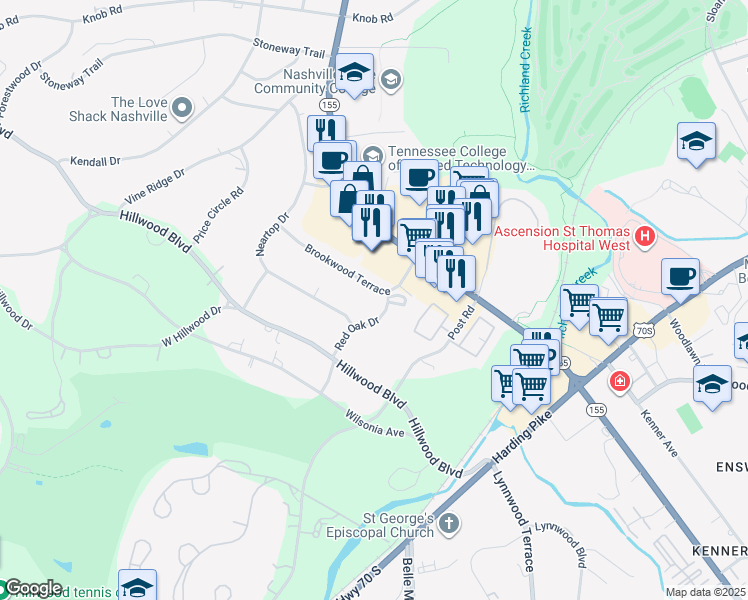 map of restaurants, bars, coffee shops, grocery stores, and more near 5700 Red Oak Drive in Nashville
