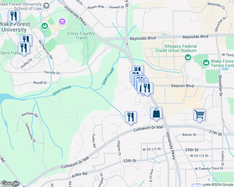 map of restaurants, bars, coffee shops, grocery stores, and more near 2739 Waldorf Circle in Winston-Salem