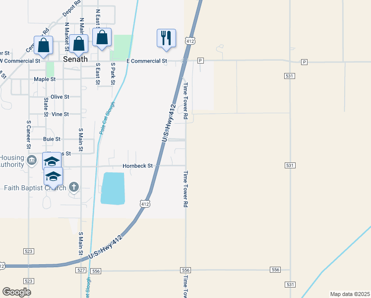 map of restaurants, bars, coffee shops, grocery stores, and more near Time Tower Road in Senath