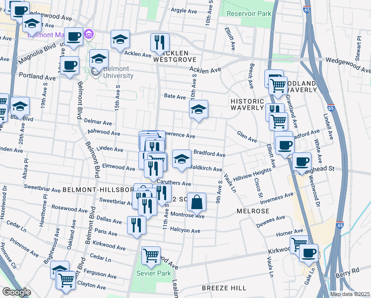 map of restaurants, bars, coffee shops, grocery stores, and more near 2218C 11th Avenue South in Nashville