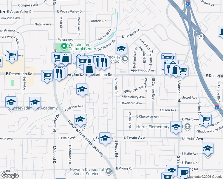 map of restaurants, bars, coffee shops, grocery stores, and more near 3430 Kensbrook Street in Las Vegas