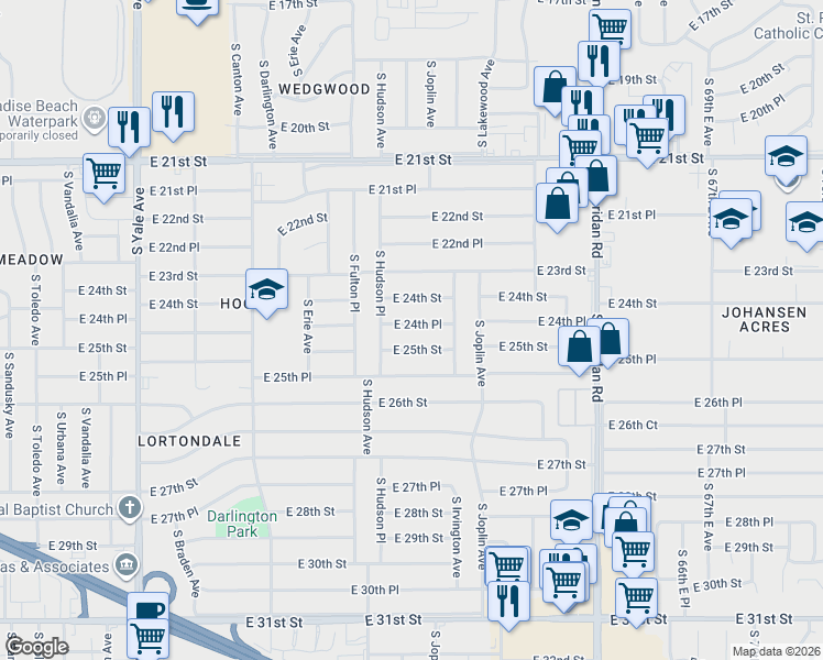 map of restaurants, bars, coffee shops, grocery stores, and more near 5733 East 25th Street in Tulsa