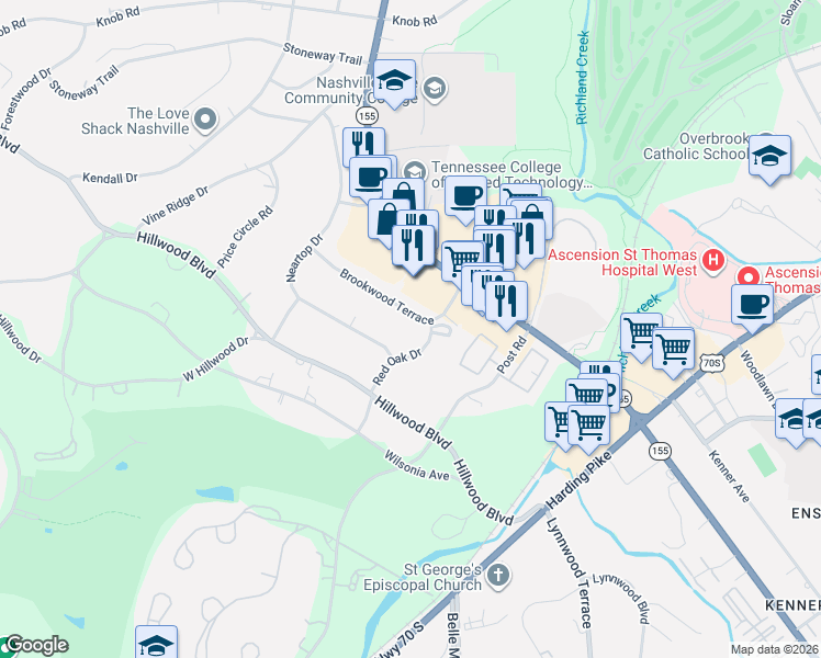 map of restaurants, bars, coffee shops, grocery stores, and more near 59 Brookwood Terrace in Nashville